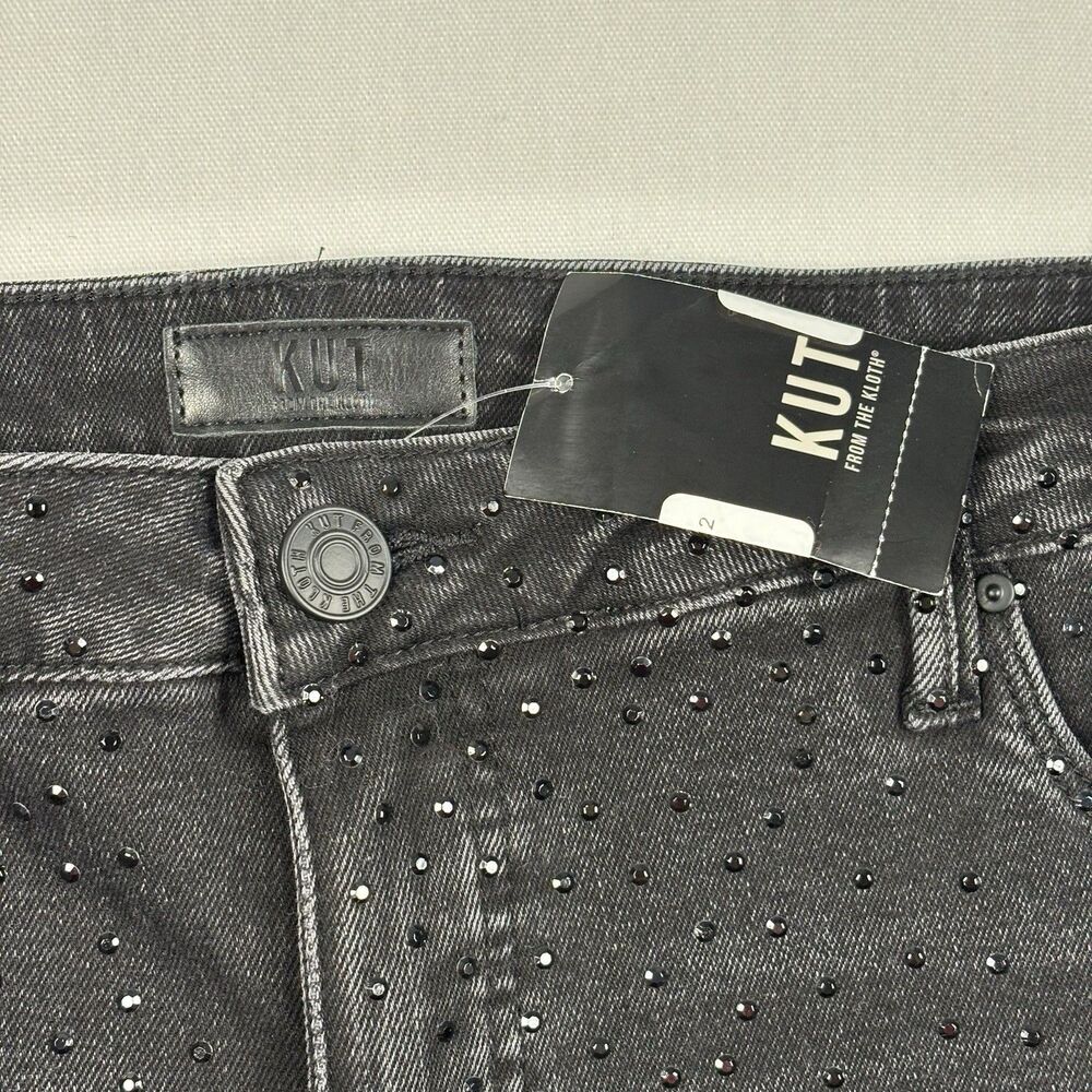 Kut from the Kloth Meg Fab Ab Jeans Womens 12 Black Rhinestone Wide Leg Raw Hem - Picture 10 of 16